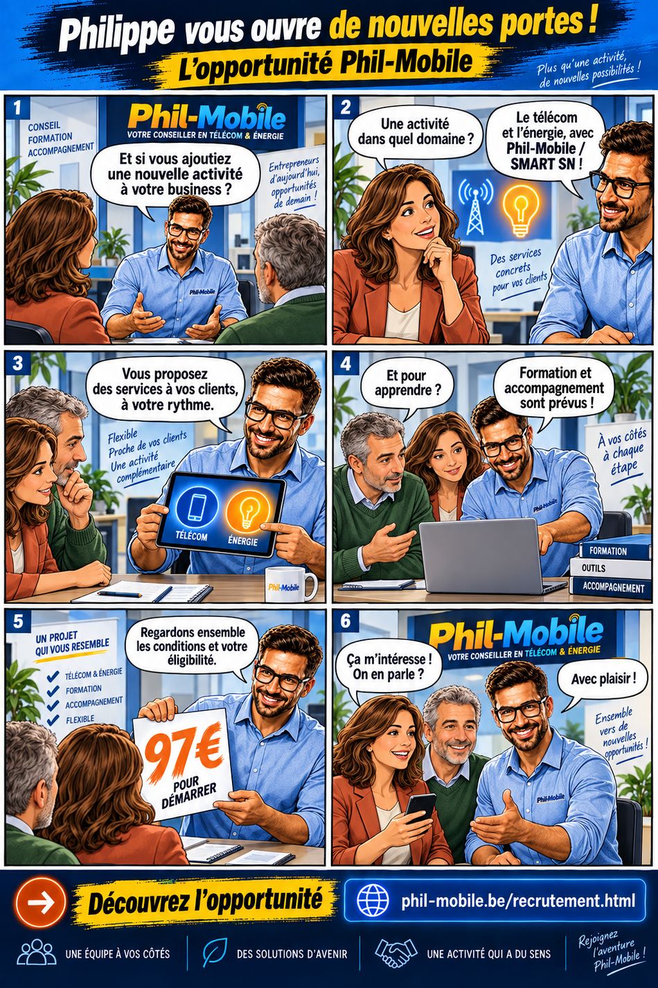 Bande dessinée : Philippe présente l'opportunité de devenir consultant indépendant Phil-Mobile / Smart SN