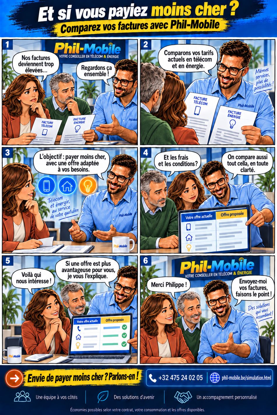 Bande dessinée : comparez vos factures télécom et énergie avec Phil-Mobile