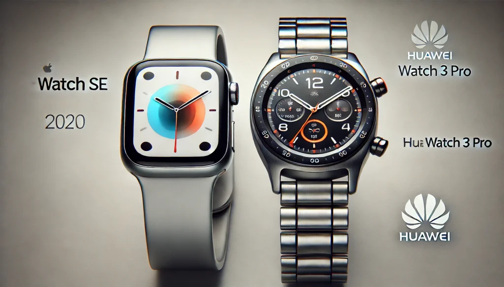 DALL·E 2024 11 04 09.22.45 A Detailed Comparison Image Of The Apple Watch SE 2022 Next To The Huawei Watch 3 Pro. The Apple Watch SE Is Sleek With A Minimalist Design A Recta 1024x585